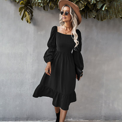Women Casual Holiday Style Solid Color Square Neck Lantern Long-Sleeved Dress