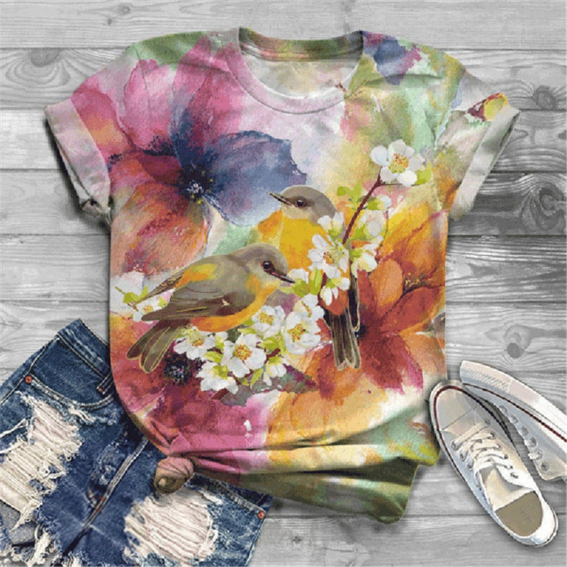 Camiseta informal holgada de talla grande para mujer, de manga corta, cuello redondo, con estampado 3D de dibujos animados