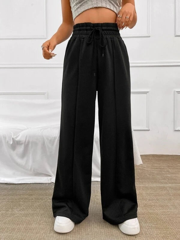 Women Fashion Casual Drawstring Elastic Waist Wide Leg Pants