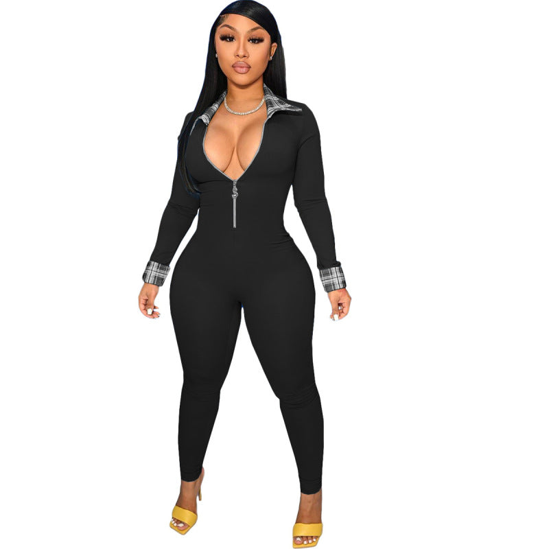 Women Stitching Lapel Zipper Long Sleeve Slim Fit Casual Jumpsuit