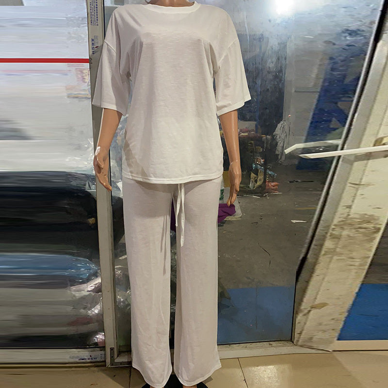 Women Fashion Casual Plus Size Solid Color Round Neck Short Sleeve Top Drawstring Wide Leg Pants Two-Piece Set
