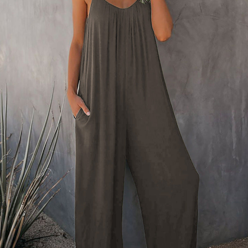 women Summer Solid Color Pocket Casual loose Jumpsuits