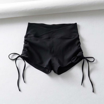 Women Solid Pleated Drawstring High Waist Casual Sports Shorts