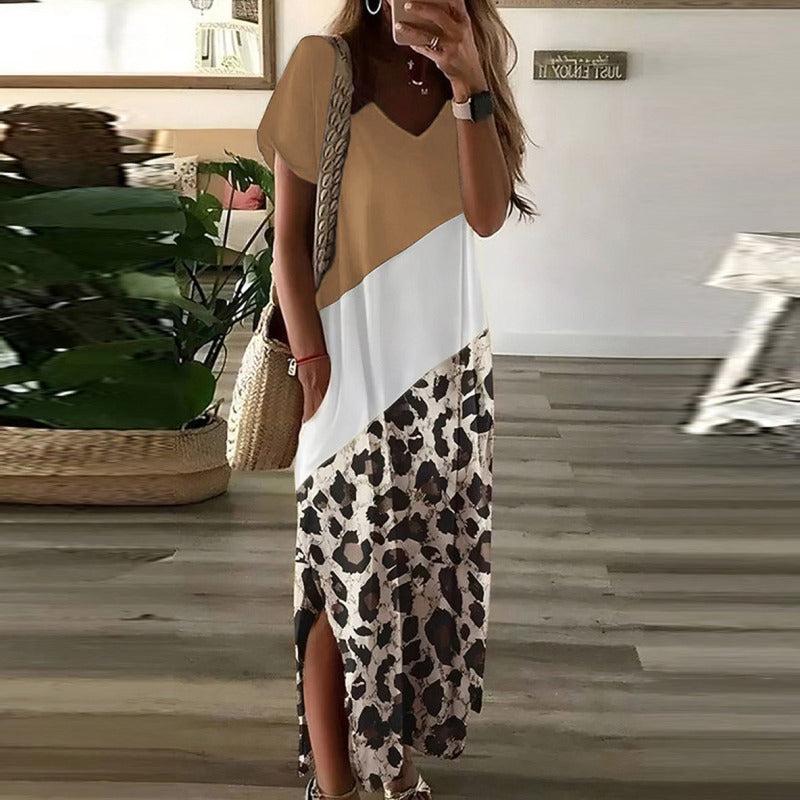 Women Casual Short Sleeve Leopard Print Side-Slit Maxi Dress