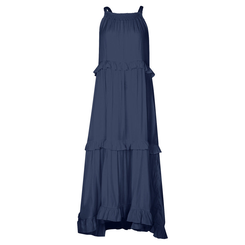 Summer Women Casual Solid Color Sleeveless Ruffled Holiday Tiered Dress
