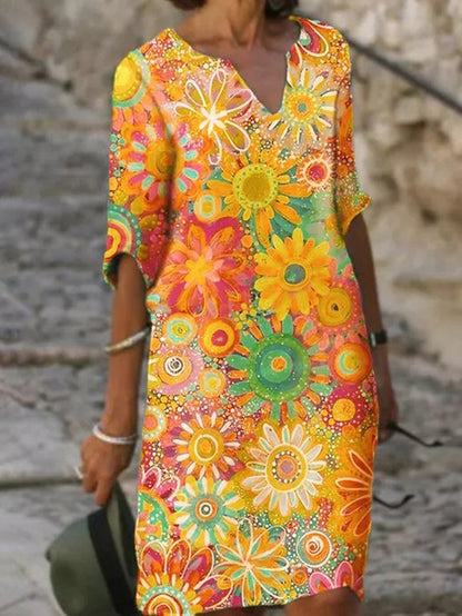 Women Casual Elegant Fashion Flower Printed Short Sleeve V Neck Loose Dress