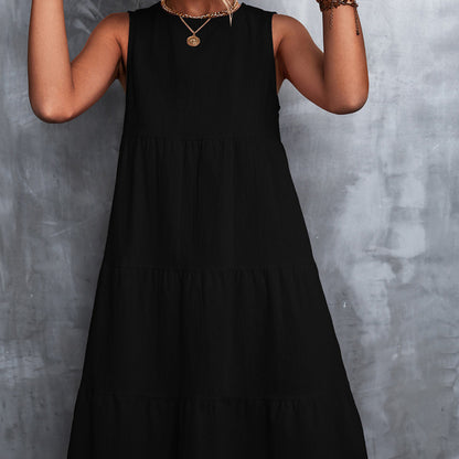 Women Spring And Summer Casual Basic Round Neck Loose Big Swing Dress