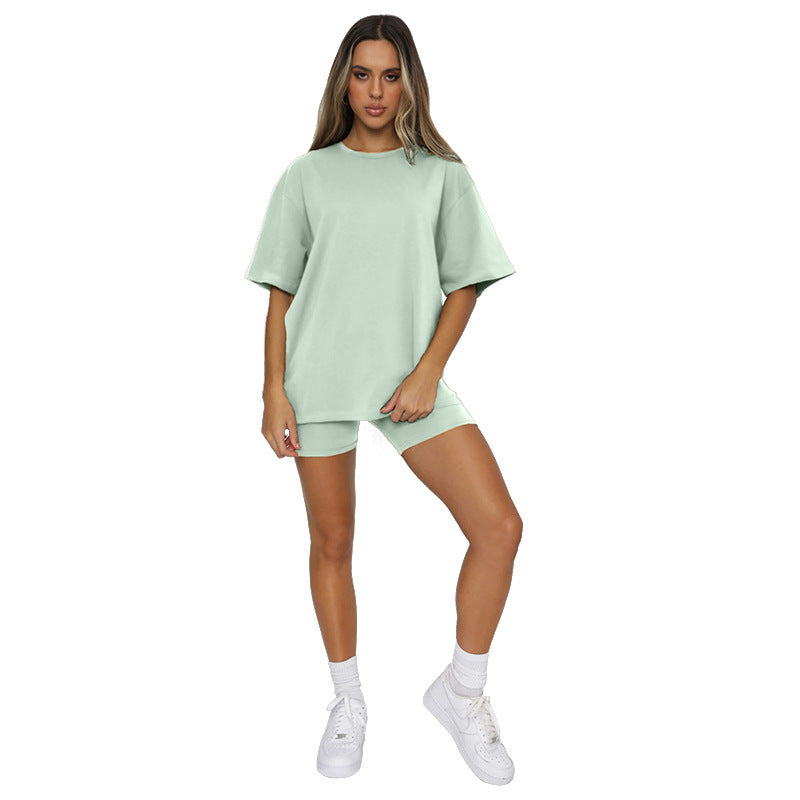 Women Athleisure Solid Color Short Sleeve Round Neck Top And Casual Shorts two pieces Suit
