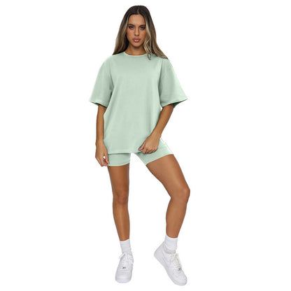 Women Athleisure Solid Color Short Sleeve Round Neck Top And Casual Shorts two pieces Suit