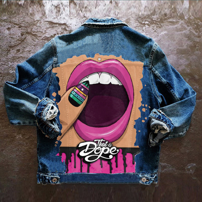 Chaqueta vaquera informal de manga larga con estampado gráfico y botonadura sencilla para mujer