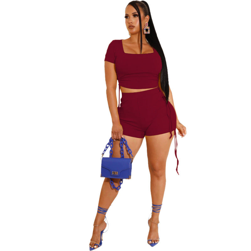 Women Solid Color Drawstring Casual Top And Shorts Two Pieces Set