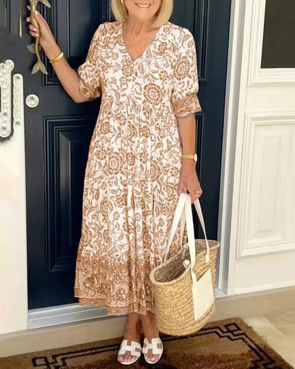 Women Fashion Casual Floral Printing V Neck Short Sleeve Dress