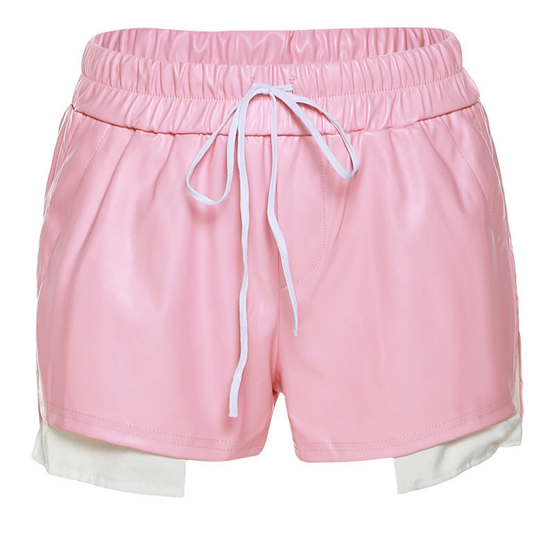 Women Contrast Color Imitation Leather Lace High Waist Hip Tight Casual Shorts