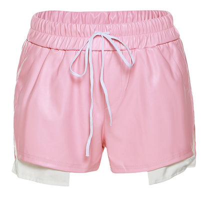 Women Contrast Color Imitation Leather Lace High Waist Hip Tight Casual Shorts
