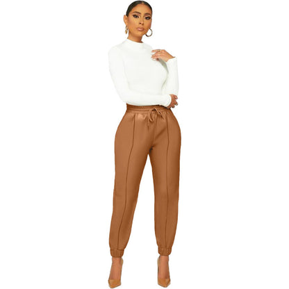Women Solid Color Pu Leather Casual Pants Pencil Jogger Pants