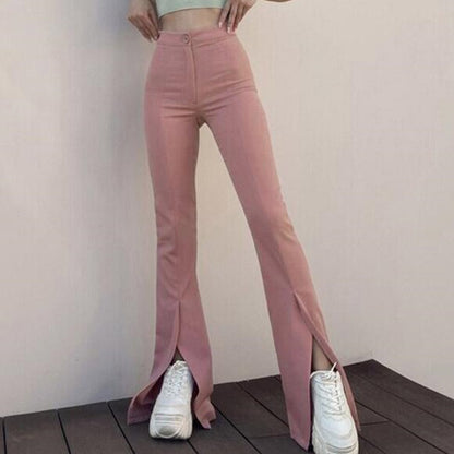 Women Solid Color Casual Flared Pants Slit High Waist Pants