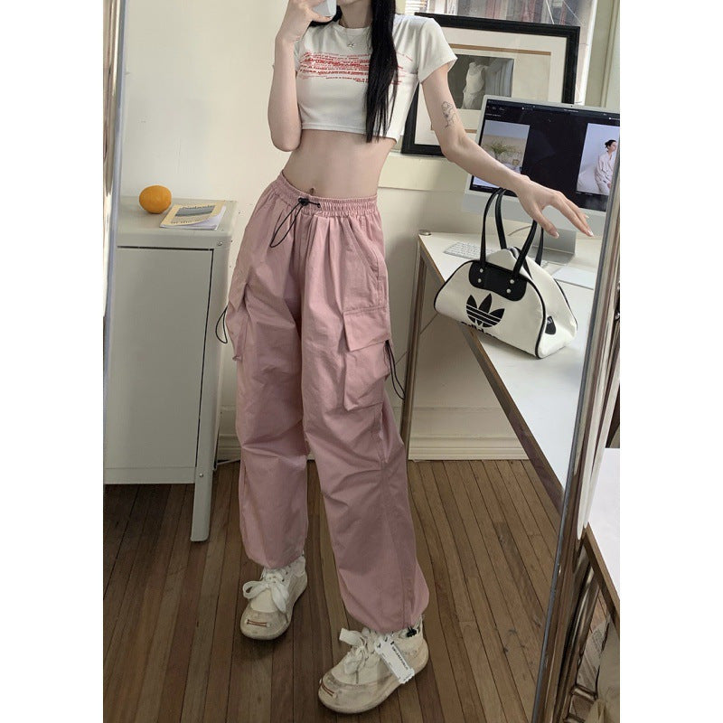 Pantalones cargo holgados de pierna de color sólido estilo retro informal para mujer