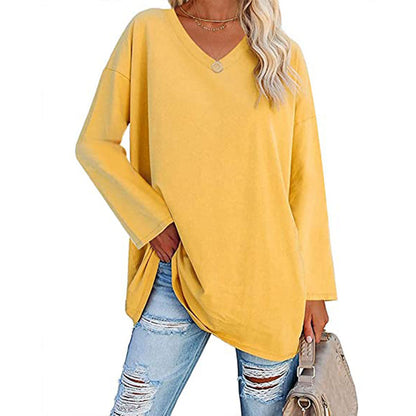 Camiseta informal de manga larga con cuello en V y color liso para mujer