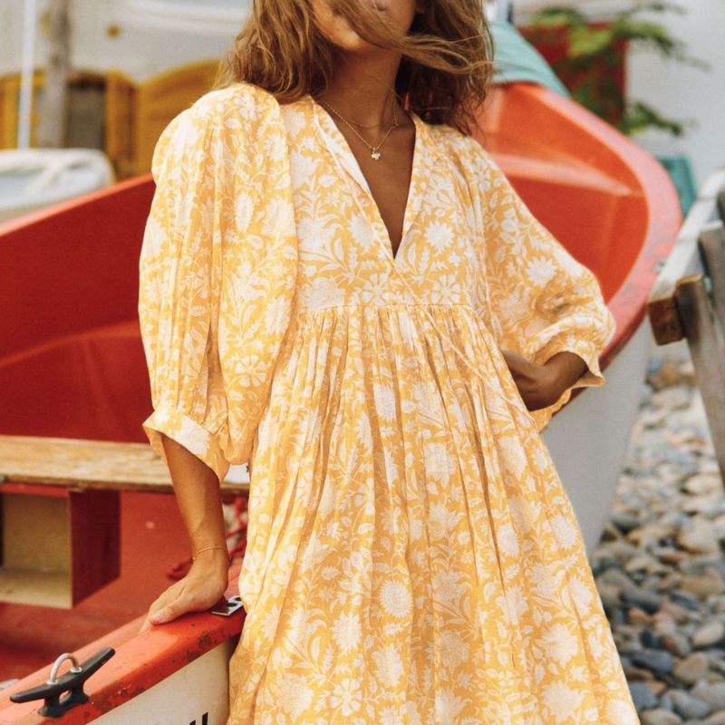 Fashion Women Floral Print Lace-Up V Neck Casual Loose Lantern Sleeve Dress