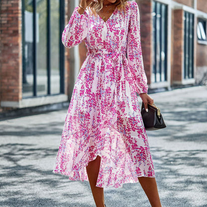 Fashion Women Boho Style Casual Sweet Floral Print Long Sleeve V Neck Chiffon Midi Dress