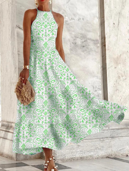 Vestido largo informal sin mangas con cuello halter y estampado floral chino vintage para mujer