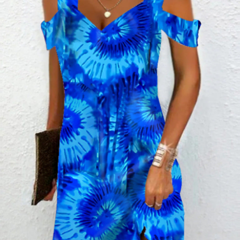 Women Fashion Casual Marble Printed Cool-Shoulder Dress