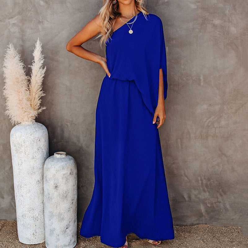 Summer Fashion Women Solid Color Oblique Collar Strapless Temperament Casual Long Dress