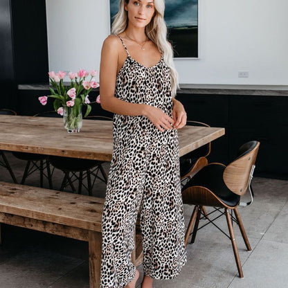Women'S Fashion Casual Tie-Dye Leopard Printing Camisole Wide Leg Jumpsuit