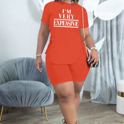 Women Casual Slit Strap Letter Printed Short Sleeve T-Shirt And Solid Color Shorts Fashion Sports Two Pieces Set