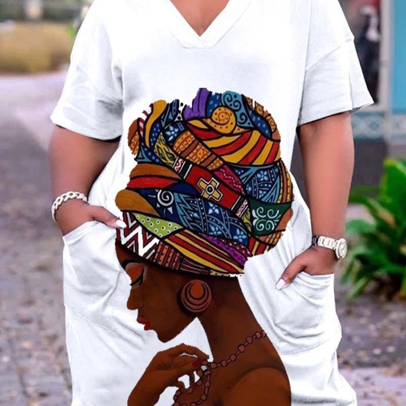 Women Casual Graffiti Printed Vintage 3D Pocket Loose Plus Size Dress