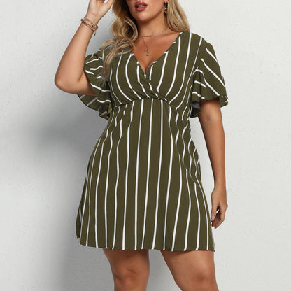 Women Plus Size Stripe V-Neck Short-Sleeved Casual V Neck Dress