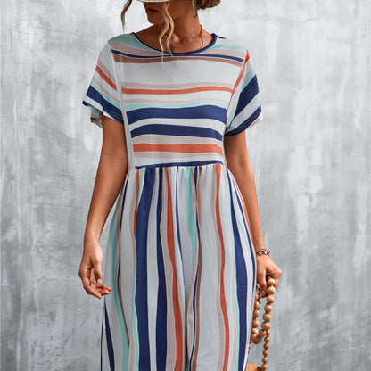 Summer Women Casual Elegant Stripe Print Color Blocking Dress