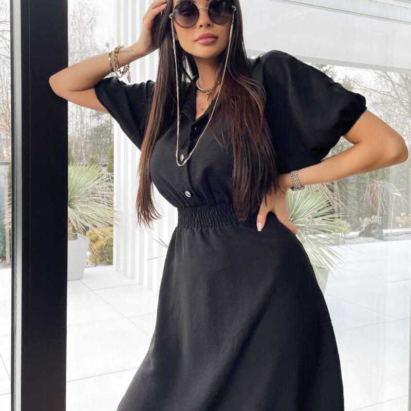 Vestido informal de manga corta con solapa y botonadura sencilla de color liso para mujer