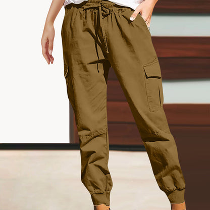 Women Solid Color Casual Fashion Pocket Lace-Up High Waist Pants