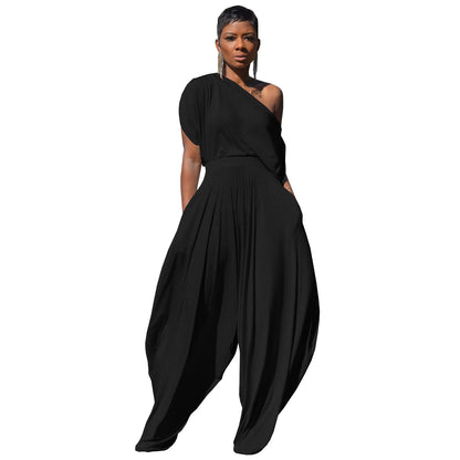 Conjunto de dos piezas de pantalones harén informales de algodón de color liso con hombros inclinados para mujer