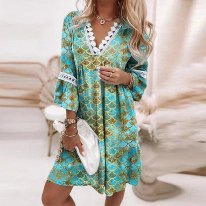 Women Elegant Bohemian V-Neck Floral Printed Lace Patchwork Casual Dress