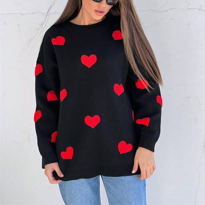 Women Fashion Cute Heart-Shaped Round Neck Winter Loose Casual Knitted Sweater