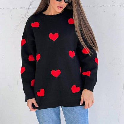 Women Fashion Cute Heart-Shaped Round Neck Winter Loose Casual Knitted Sweater