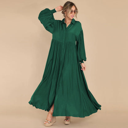 Women Fashion Casual Solid Color Creased Long Sleeve Maxi Dress