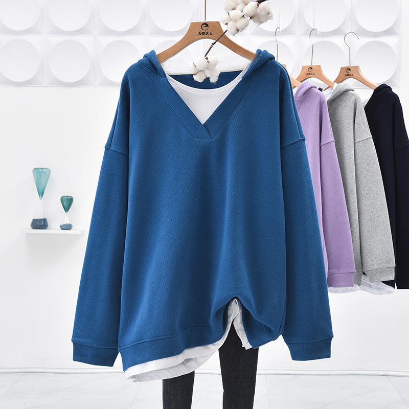 Sudadera con capucha informal de color liso con cuello en V y costuras para mujer
