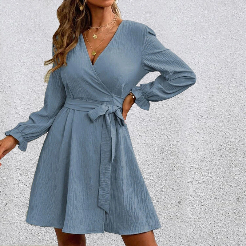 Women Casual Solid Color Slit V Neck Sash Long Sleeve Wrap Dress