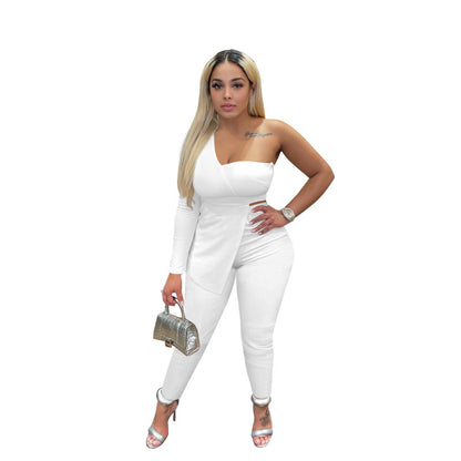 Conjunto informal de dos piezas para mujer, con top y pantalón irregulares, hombros descubiertos y un solo hombro, de color liso