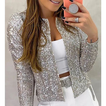 Chaqueta informal elegante de manga larga con lentejuelas de color liso a la moda para mujer