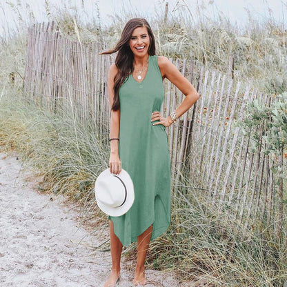 Summer Women'S Solid Color Casual V-Neck Sleeveless Tank Dress