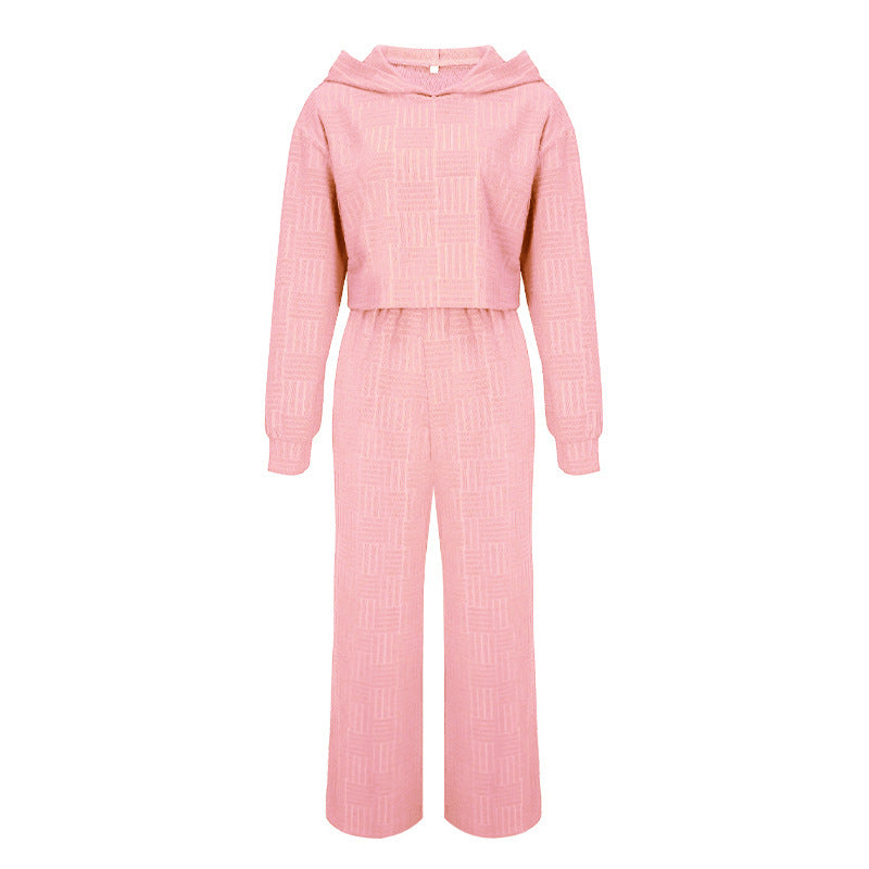 Conjunto de dos piezas informal de color liso con capucha y pantalones de pierna ancha de manga larga para mujer
