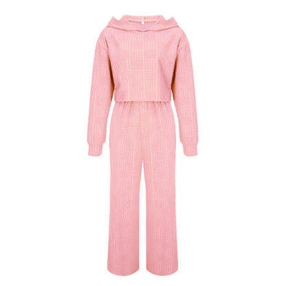 Conjunto de dos piezas informal de color liso con capucha y pantalones de pierna ancha de manga larga para mujer