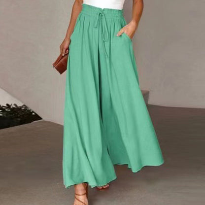 Women Solid Color Loose Casual Elastic Wasit Wide-Leg Pants