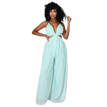Women Solid Color Casual Loose Chiffon Jumpsuit
