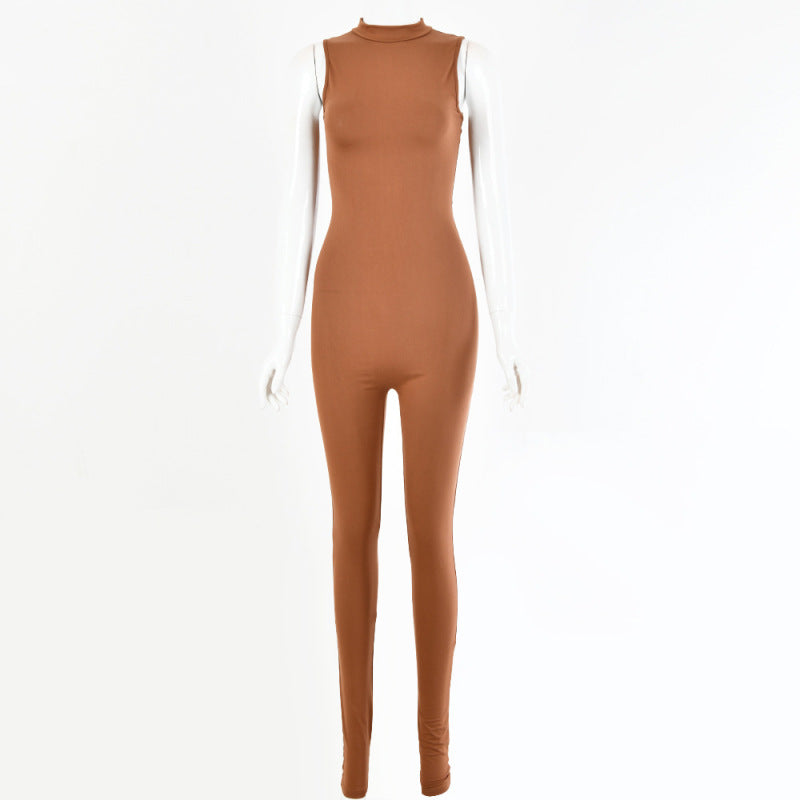 Women Solid Color Sleeveless Tank Top Slim Casual Jumpsuit