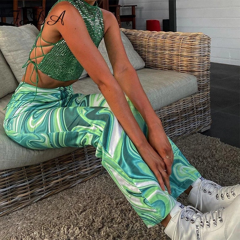 Women Fashion Simple Ripple Printing High Waist Casual Pants